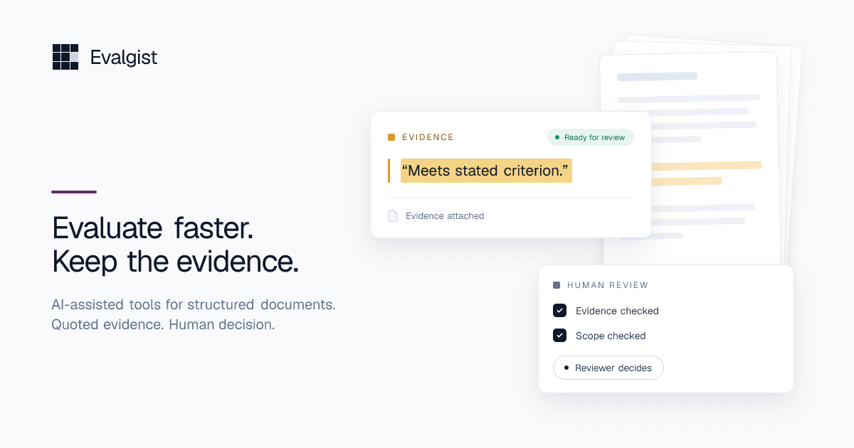 Evalgist default Open Graph card: grid, document stack, evidence card, and human-review panel